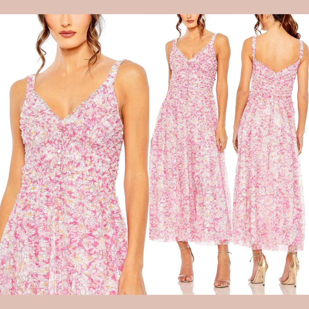 NWT Mac Duggal [ 12 ] 8012 Floral V-Neck Floral A line Midi Dress In Pink #S1938 - Picture 2 of 16